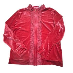 Vintage Jaclyn Smith XL Red Velvet Zip‎ Jacket Lace Trim Holiday Glam Lounge Top